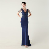 Beaded Lace Fishtail Evening Dress Wedding Formal Party Gown