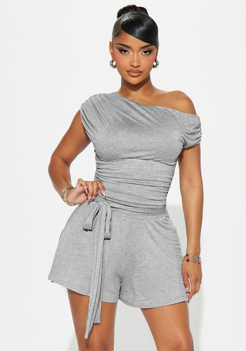 Women’s Spring Summer Slash Shoulder Shoulder Slim Waist Tie Short Jumpsuit