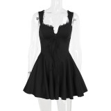 Lace Patchwork Strap Slim Low Back Puffy A-line Mini Dress