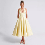 V Neck Halter Neck Jacquard Lace Long Dress Slim Waist Holiday Gown