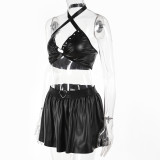 Black PU Leather Hollow Out  Women’s Three Piece Lingerie Set