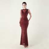 High Neck Fishtail Sequin Crystal Evening Dress Wedding Formal Party Gown