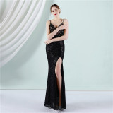 Flower Beaded Party Dress Sexy Slim Fit Fishtail Evening Gown for Bride