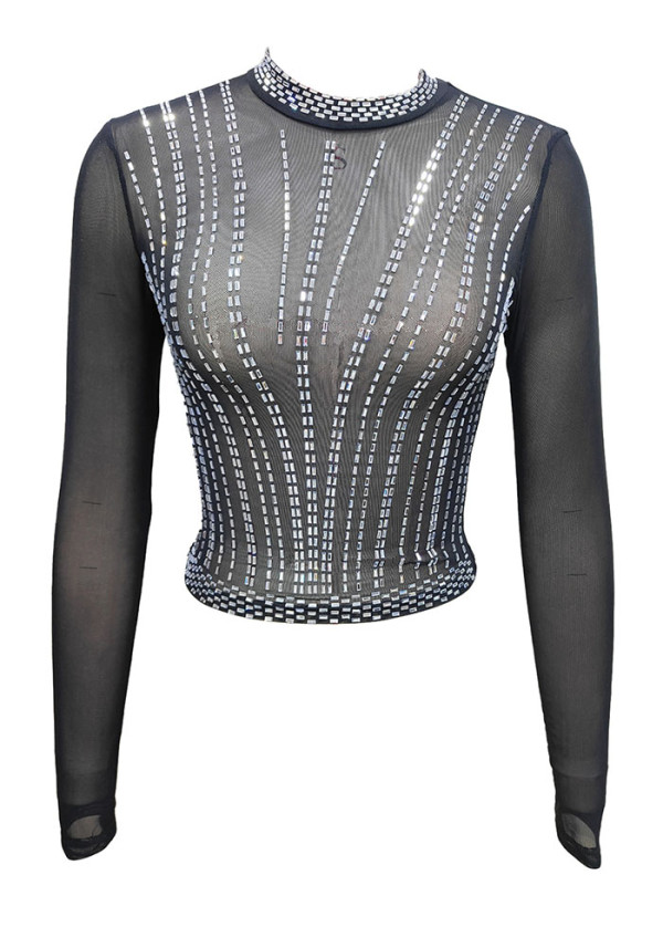 Black See Through Mesh Beaded Top Women’s Blouse