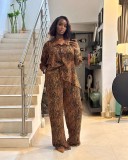 African Zebra Print Long Sleeve Shirt Wide Leg Pants Two Piece Set