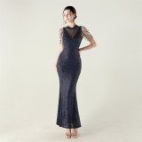 High Neck Fishtail Sequin Crystal Evening Dress Wedding Formal Party Gown