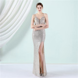 Flower Beaded Party Dress Sexy Slim Fit Fishtail Evening Gown for Bride