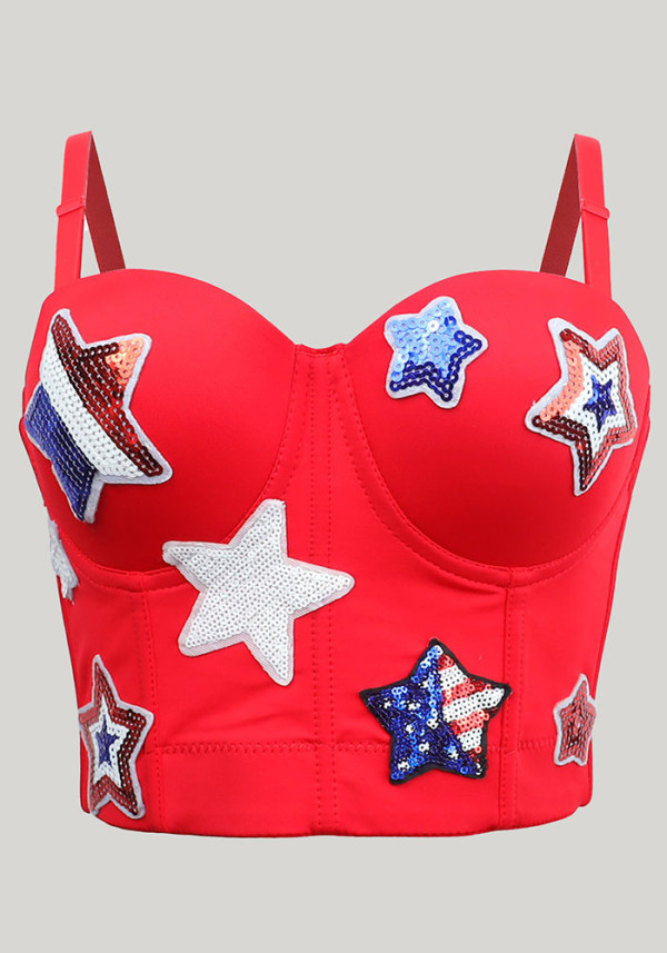 Red Star Print Strap Vest Sporty Outdoor Bra Top
