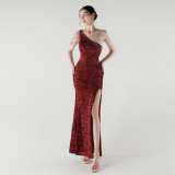 One Shoulder Rhinestone Chain Sequin Fishtail Evening Dress Formal Party Gown