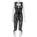 Lace Hollow Out Tie Front Vest High Waist Shorts Sexy Summer Two Piece Set