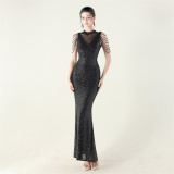 High Neck Fishtail Sequin Crystal Evening Dress Wedding Formal Party Gown