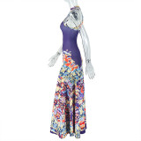 Printed High Collar Slim Waist Midi Pleated Dress