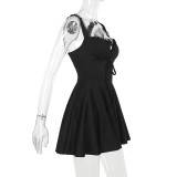 Lace Patchwork Strap Slim Low Back Puffy A-line Mini Dress
