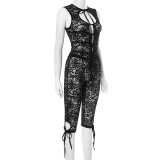 Lace Hollow Out Tie Front Vest High Waist Shorts Sexy Summer Two Piece Set