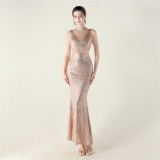 High Neck Fishtail Sequin Crystal Evening Dress Wedding Formal Party Gown