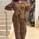 African Zebra Print Long Sleeve Shirt Wide Leg Pants Two Piece Set
