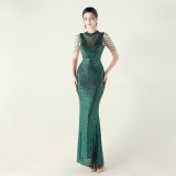 High Neck Fishtail Sequin Crystal Evening Dress Wedding Formal Party Gown