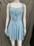 Lace Patchwork Strap Slim Low Back Puffy A-line Mini Dress