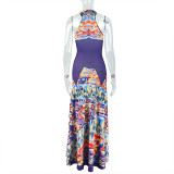 Printed High Collar Slim Waist Midi Pleated Dress
