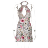 Summer Halter Neck Low Back Printed Dress Fashion Women’s Gown