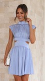 Solid Color Summer Dress Slim Waist Stand Collar Short Gown
