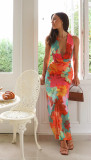 Chic V Neck Printed Lace Casual Summer Midi Dress