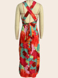 Chic V Neck Printed Lace Casual Summer Midi Dress