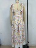 Floral Slim Waist Strap Dress Summer Holiday Long Gown
