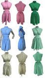 Solid Color Summer Dress Slim Waist Stand Collar Short Gown