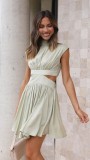 Solid Color Summer Dress Slim Waist Stand Collar Short Gown
