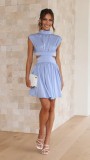 Solid Color Summer Dress Slim Waist Stand Collar Short Gown