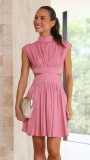 Solid Color Summer Dress Slim Waist Stand Collar Short Gown