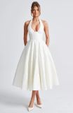 V Neck Halter Neck Jacquard Lace Long Dress Slim Waist Holiday Gown