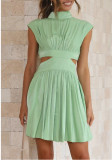 Solid Color Summer Dress Slim Waist Stand Collar Short Gown