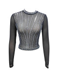 Black See Through Mesh Beaded Top Women’s Blouse