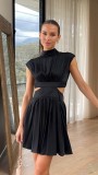 Solid Color Summer Dress Slim Waist Stand Collar Short Gown