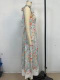 Floral Slim Waist Strap Dress Summer Holiday Long Gown