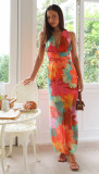 Chic V Neck Printed Lace Casual Summer Midi Dress