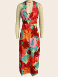 Chic V Neck Printed Lace Casual Summer Midi Dress