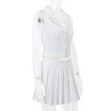 Women spring sexy v-neck vest and pleated Skirt two-piece set