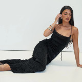 Women Dress Off Shoulder Lace-up Halter Neck Backless Maxi Dress