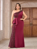 Plus Size Women One Shoulder Sequin Bodycon Elegant Formal Party Evening Dress