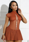 Women Spring and Summer Half-high Neck Lace-up Hollow Lace-Up Patchwork Mesh Pleated Dress