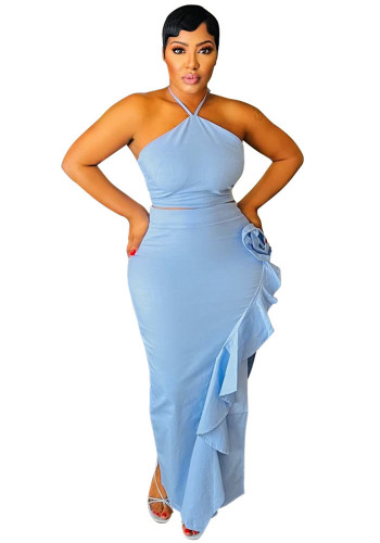 Women Summer Solid Lace-up Sleeveless Top Ruffle Skirt Two-piece Set