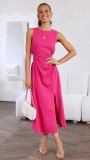 Women summer solid round neck dress