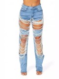 Women Summer Ripped Heavy Beaded Stretchy Denim Pants and Jacket Two-Piece Set