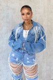 Women Summer Ripped Heavy Beaded Stretchy Denim Pants and Jacket Two-Piece Set