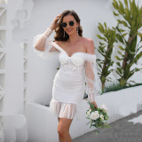 Women Solid Puff Sleeve Mesh Elegant Bodycon Dress