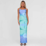 Women summer sexy gradient print strap Bodycon Dress