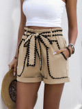 Women summer pocket lace casual contrast trim shorts